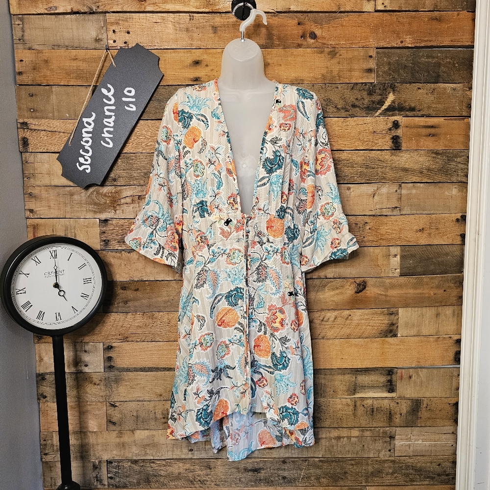Easel brand women's front tie midi boho floral kimono size small